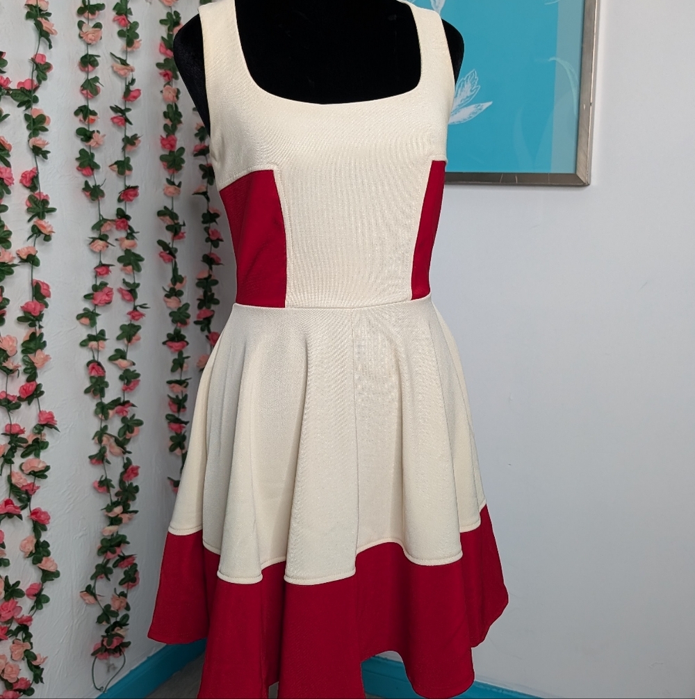 Mystic Cream and Red Contrast Mini Dress